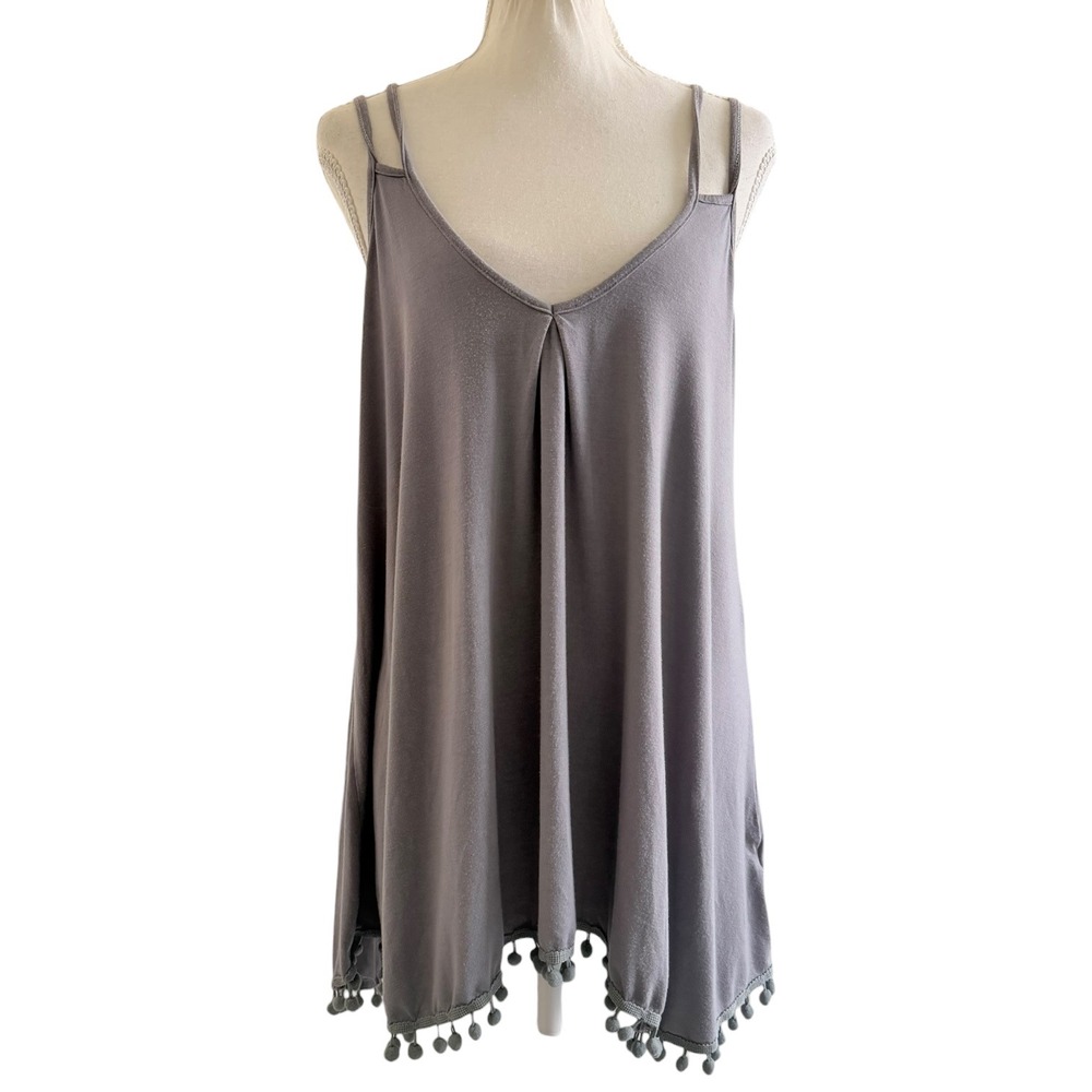 Zeagoo Cami Tank Top Womens M Gray Rayon Spandex Swing Pom Pom Trim Boho Summer